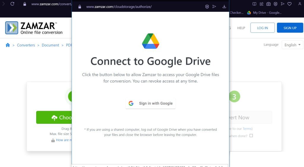 step 2 google drive Zamzar connect